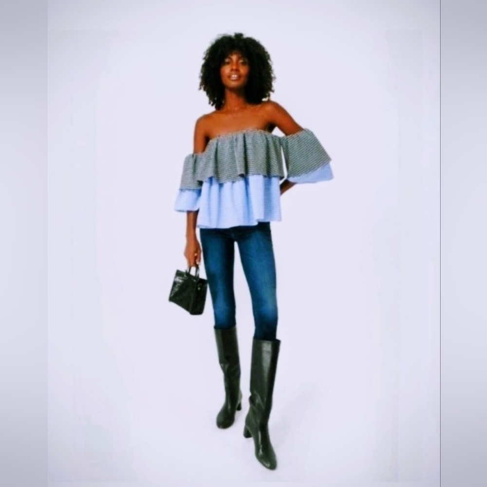 NWOT Tuckernuck POMANDER PLACE   Blue Black Gingham Off -Shoulder Tiered Top